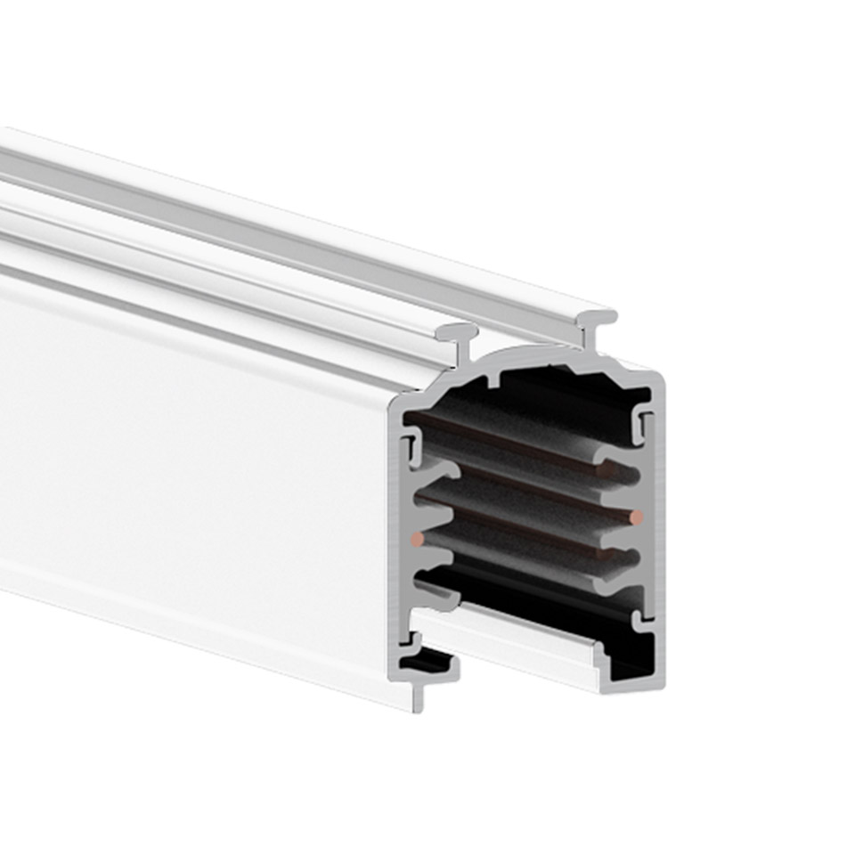 Artemide Vector Track 230V: sezione di binario da incasso in alluminio bianco con sezione trasversale che mostra i conduttori interni e le guide di montaggio