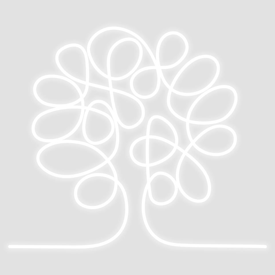 Artemide La Linea 25: luce al neon bianca luminosa a forma di albero con anelli intrecciati, su sfondo grigio