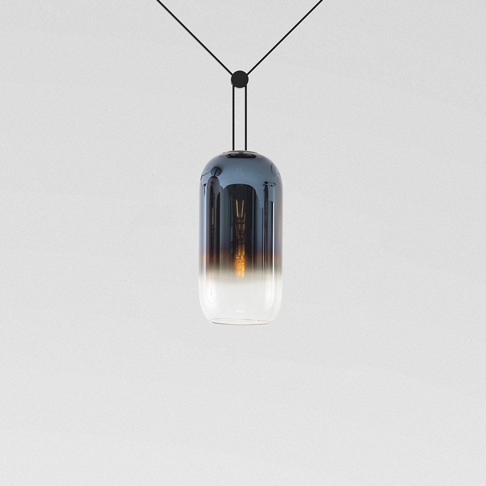 Artemide Gople pendant lamp: capsule-shaped blown glass shade with silver-to-clear gradient, exposed filament bulb, black cable - 2