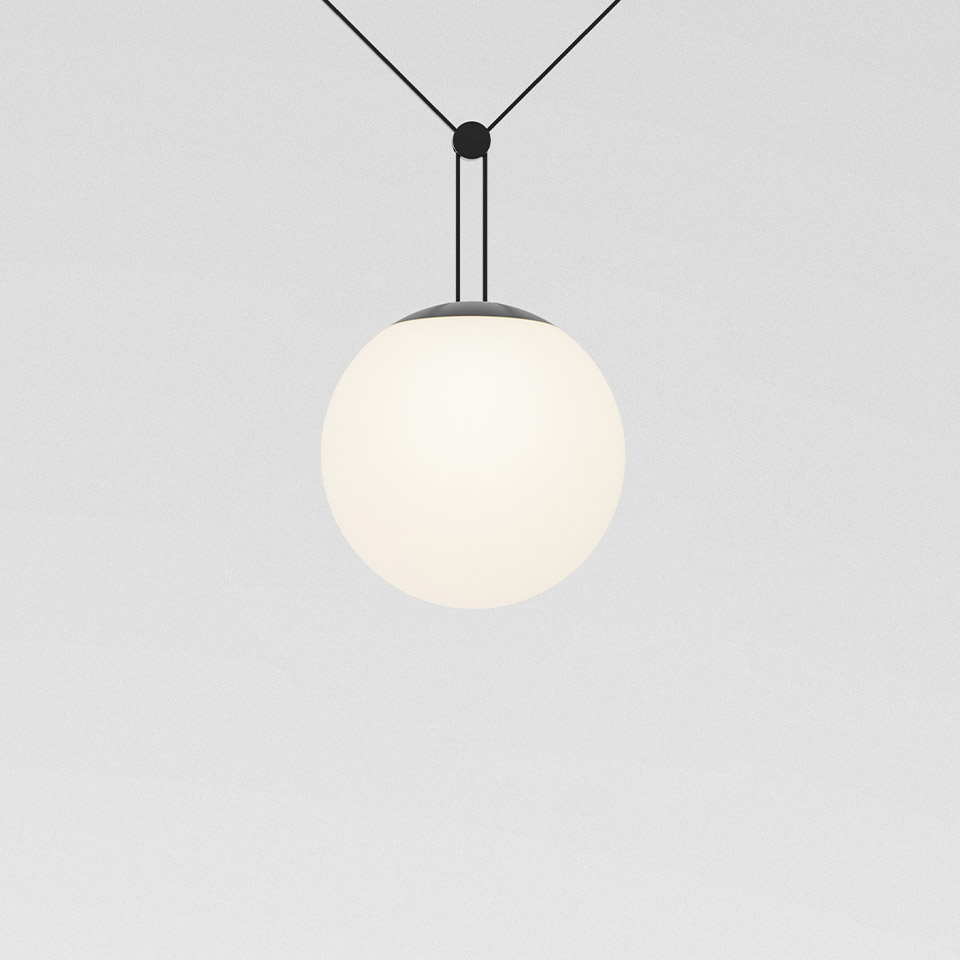Artemide Funivia pendant lamp: opal white spherical glass globe suspended on black cable with dark metal cap fitting - 2