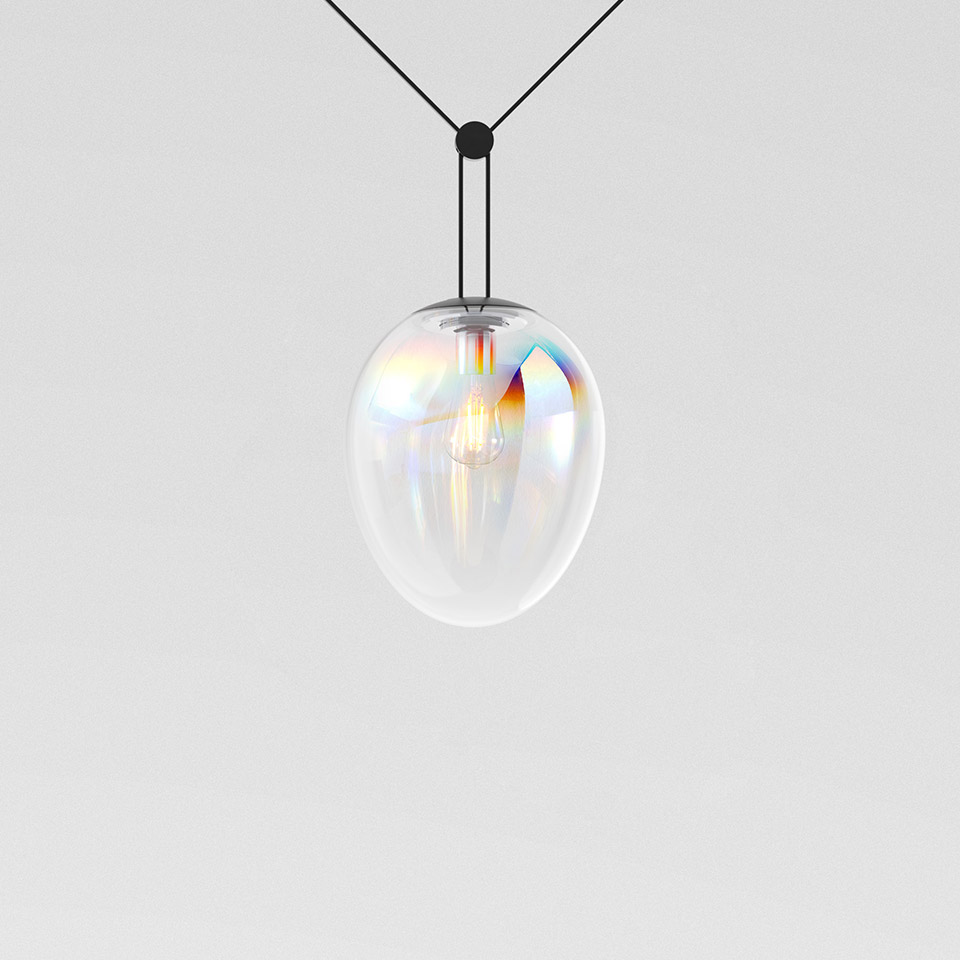 Artemide Funivia pendant lamp: egg-shaped iridescent glass diffuser with rainbow reflections, exposed filament bulb, suspended on black cord - 2