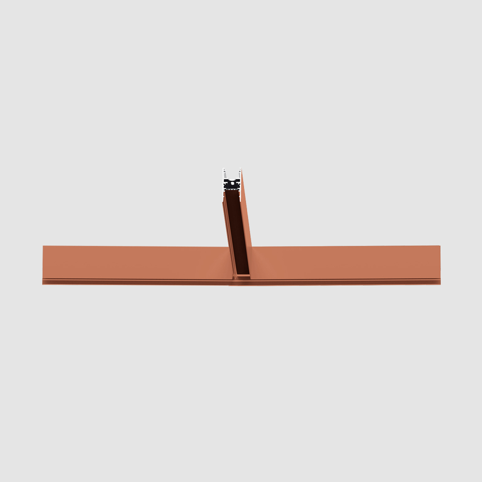 Binario magnetico Artemide A.24 in finitura rame, sottile barra orizzontale con connettore centrale per binario magnetico, vista laterale