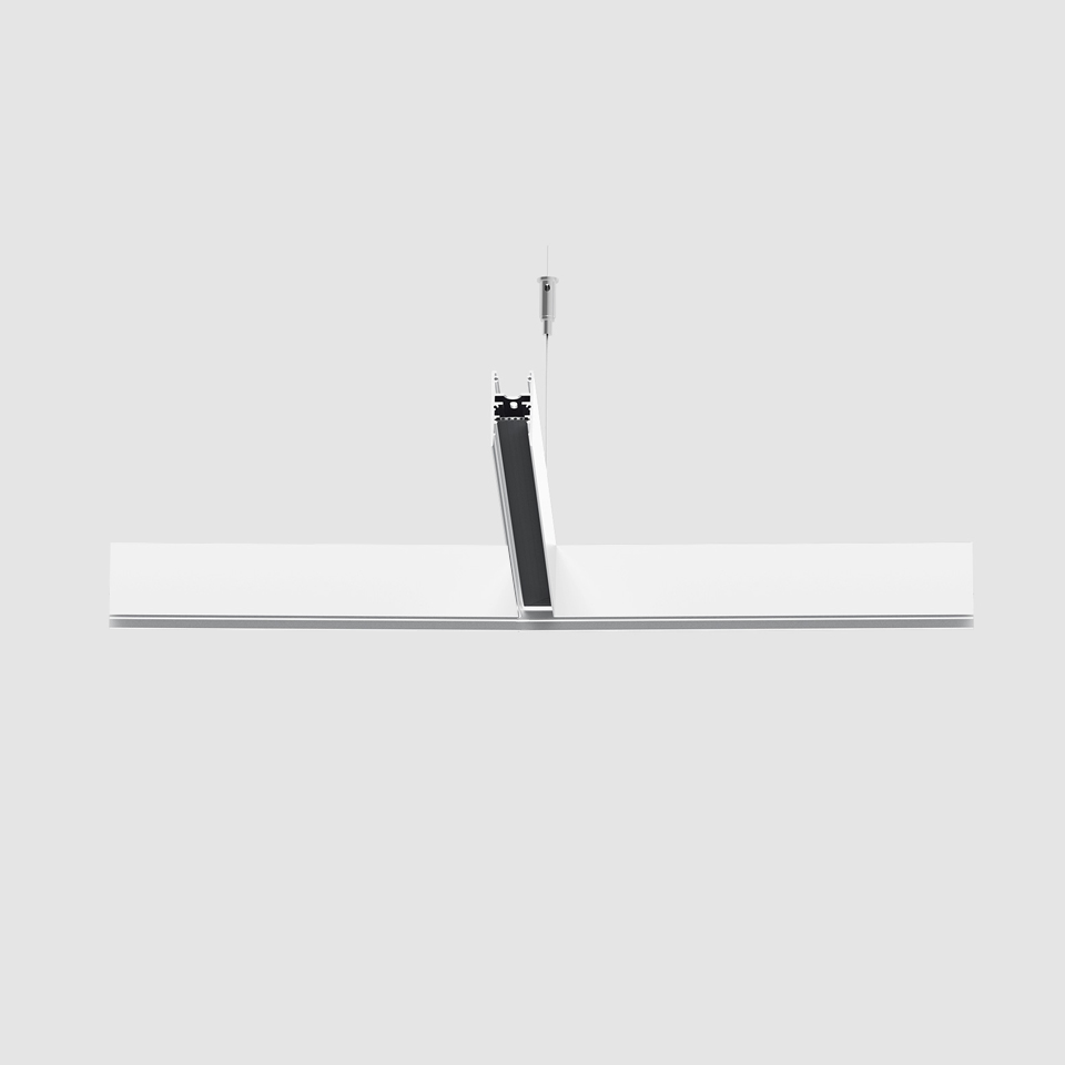 Artemide A.24 Binario Magnetico: sottile lampada a sospensione lineare bianca con attacco centrale a cavo e striscia LED integrata