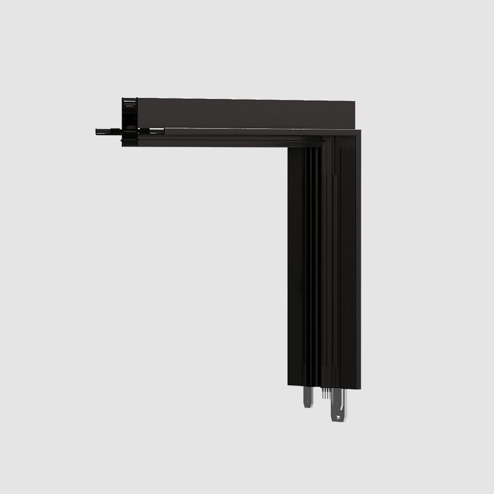 Connettore angolare a L per binario magnetico Artemide A.24 in alluminio anodizzato nero con profilo a dissipatore nervato