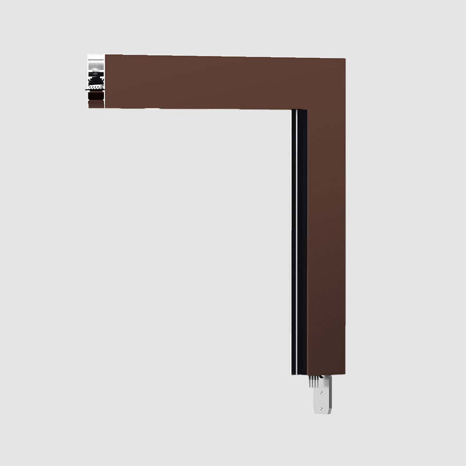 Connettore angolare per binario magnetico Artemide A.24 in finitura marrone, profilo a L con sezioni orizzontale e verticale
