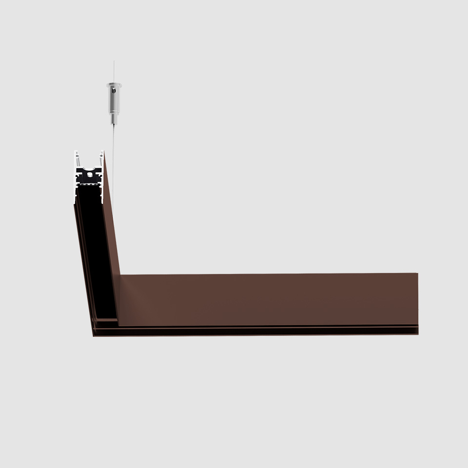Binario magnetico a sospensione Artemide A.24 in finitura marrone, profilo a forma di L sospeso da cavo in acciaio, con sistema LED integrato