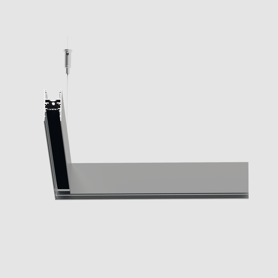 Lampada a sospensione Artemide A.24 Binario Magnetico: profilo in alluminio sottile con canale LED nero, sospesa da cavo in acciaio, design a L