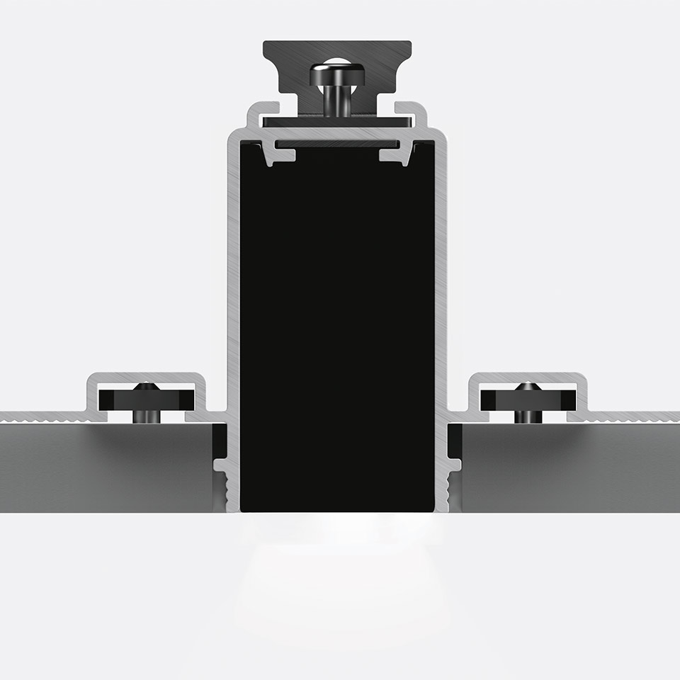 A.24 Sharping recessed lighting fixture cross-section, showing aluminum profile with black LED module and adjustable mounting brackets