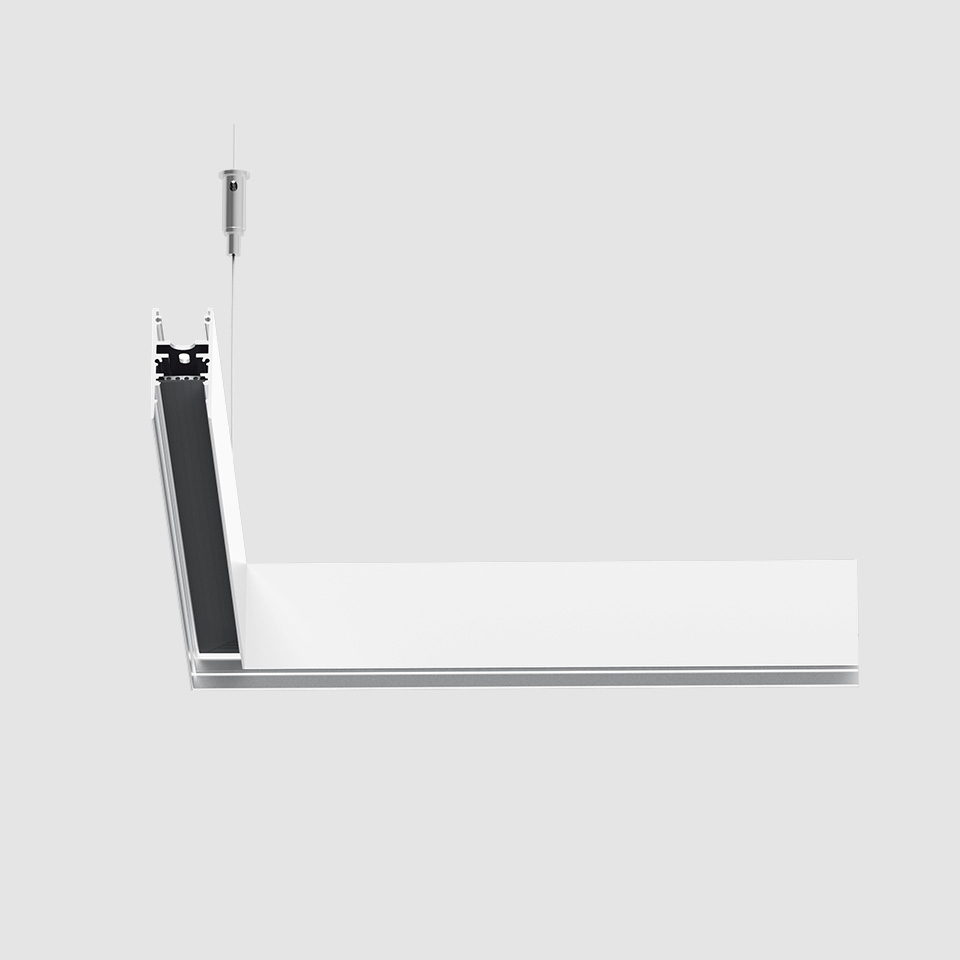 Lampada a sospensione Artemide A.24 Binario Magnetico: sottile profilo in alluminio bianco a forma di L con canale LED nero, sospeso da cavo in acciaio