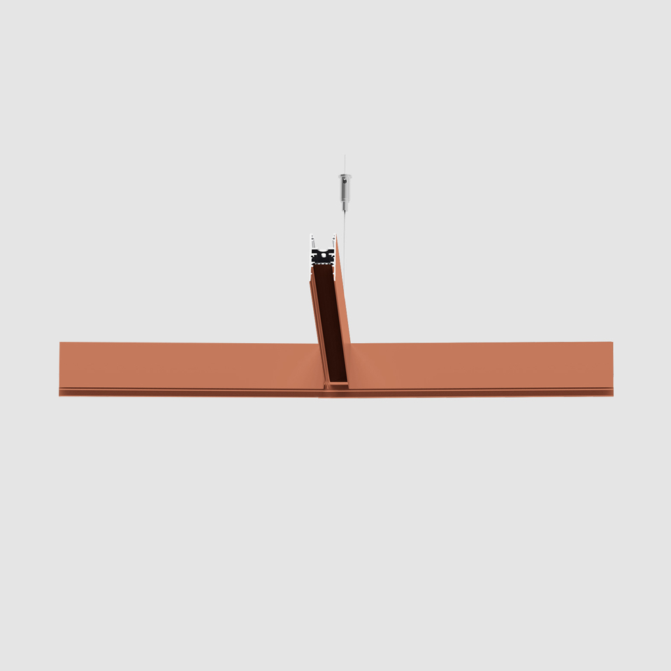 Artemide A.24 Emissione Sharping pendant light, elongated copper-finish aluminum bar with central suspension cable