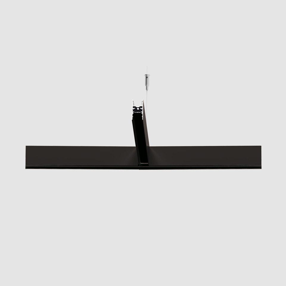 Lampada a sospensione Artemide A.24 Binario Magnetico nera, sottile barra orizzontale sospesa da un supporto centrale a cavo