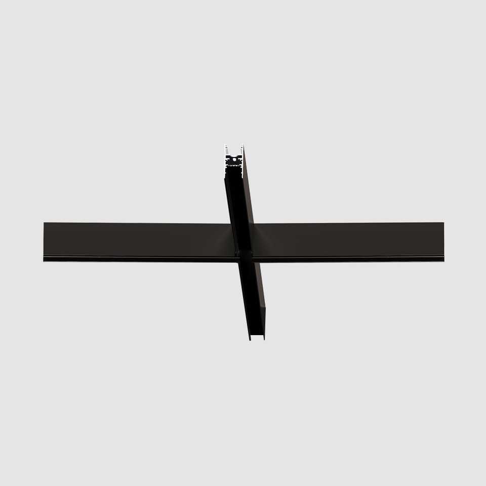 Sistema binario magnetico Artemide A.24 in nero, mostrato come installazione a soffitto a croce con profilo lineare incassato