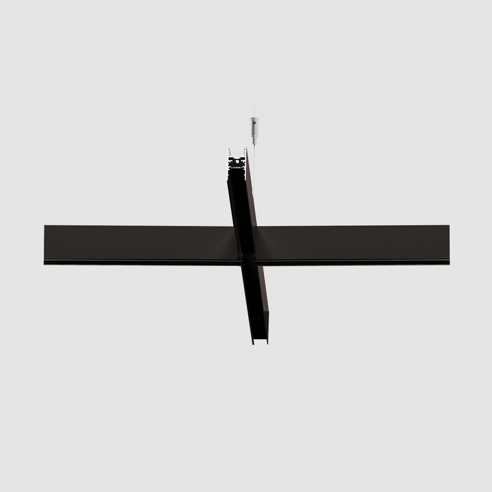 Artemide A.24 Emissione Sharping: black linear LED suspension lamp with cross-shaped profile, suspended by a single cable