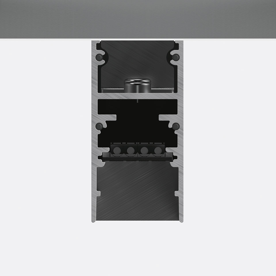 Sezione trasversale del binario magnetico Artemide A.24 con profilo in alluminio, guida magnetica integrata e connettori elettrici