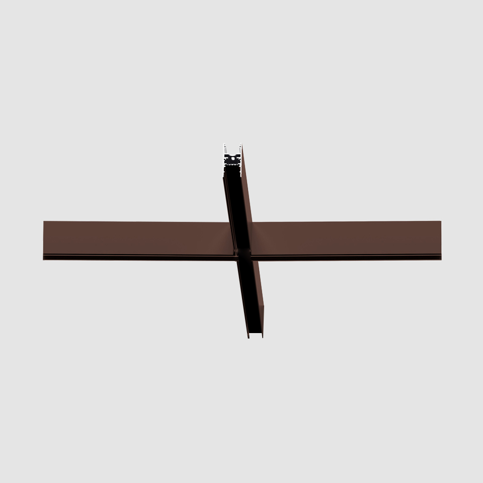 Artemide A.24 Emissione Sharping recessed track system in dark brown finish, cross-shaped junction connector viewed from below