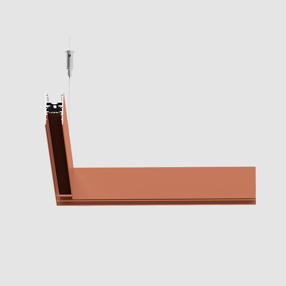 Lampada a sospensione Artemide A.24 Binario Magnetico, profilo in alluminio a forma di L finitura rame con striscia LED integrata, sospesa da cavo in acciaio