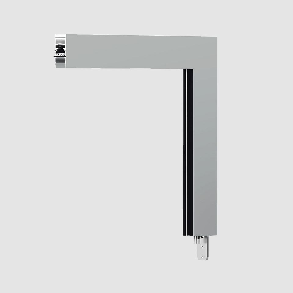Connettore angolare a forma di L per binario magnetico Artemide A.24 in grigio argento, con canale incassato nero e accessori di montaggio