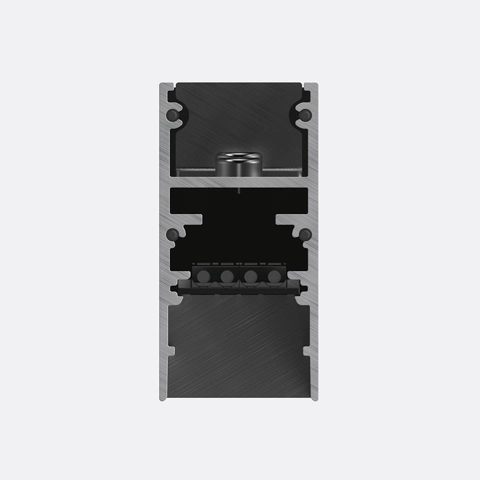Componente connettore terminale binario magnetico Artemide A.24, profilo in alluminio con morsettiera elettrica nera e vite di fissaggio