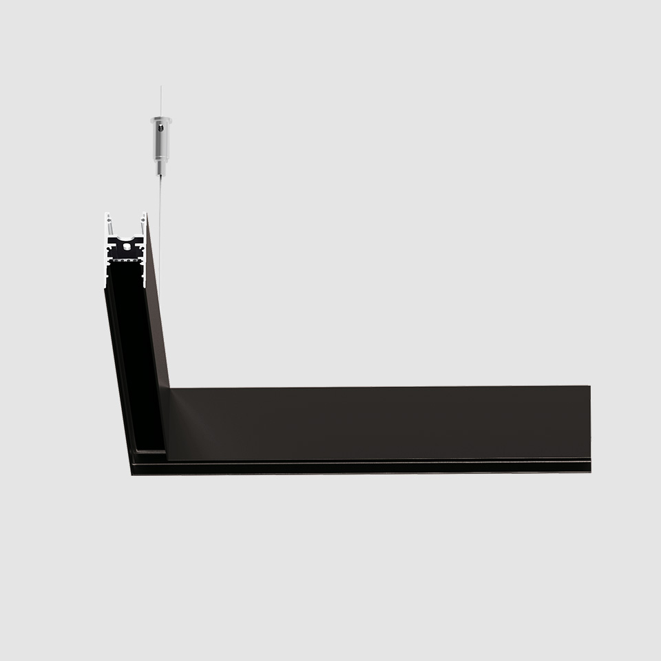 Artemide A.24 Binario Magnetico: sistema di illuminazione lineare sospeso a forma di L nero con sospensione a cavo e profilo binario magnetico
