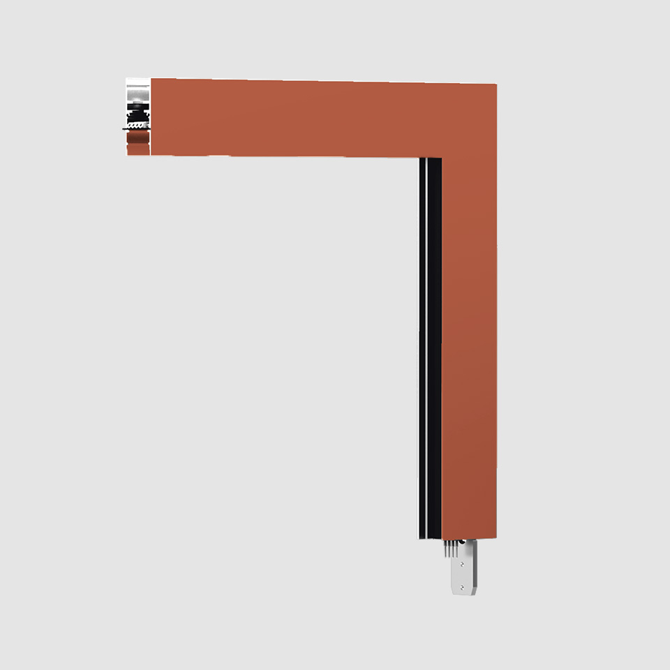 Binario magnetico angolare Artemide A.24 in terracotta, profilo a L con canale LED nero e terminali in metallo