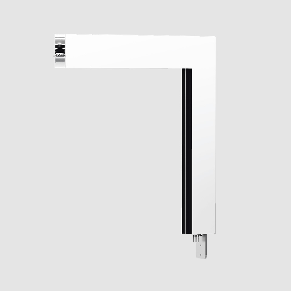 Connettore angolare a L per binario magnetico Artemide A.24 in bianco, con canale per strip LED nero per sistemi di illuminazione modulari