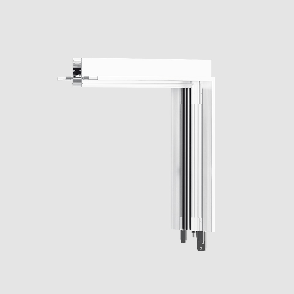 Connettore angolare per binario magnetico Artemide A.24 in bianco, profilo a L con sezione verticale in alluminio nervato e accessori di montaggio