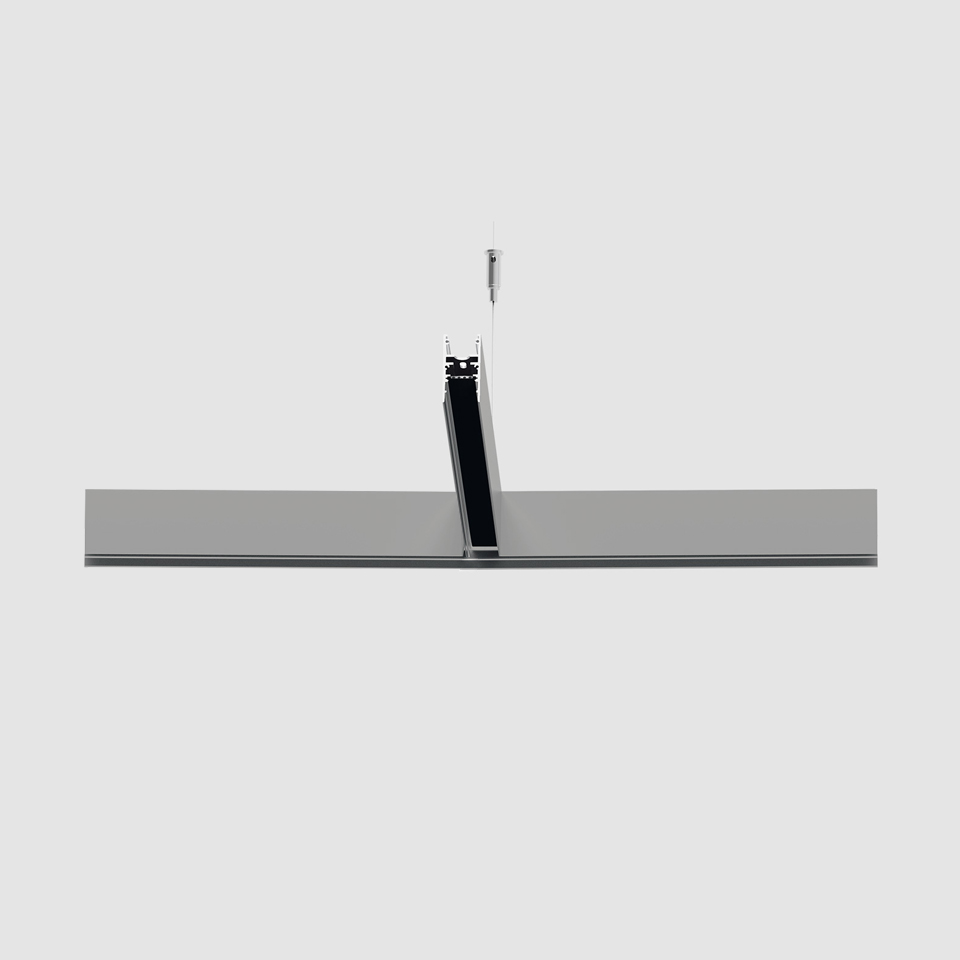 Lampada a sospensione Artemide A.24 Emissione Diffusa: sottile profilo orizzontale in alluminio sospeso da un supporto centrale a cavo