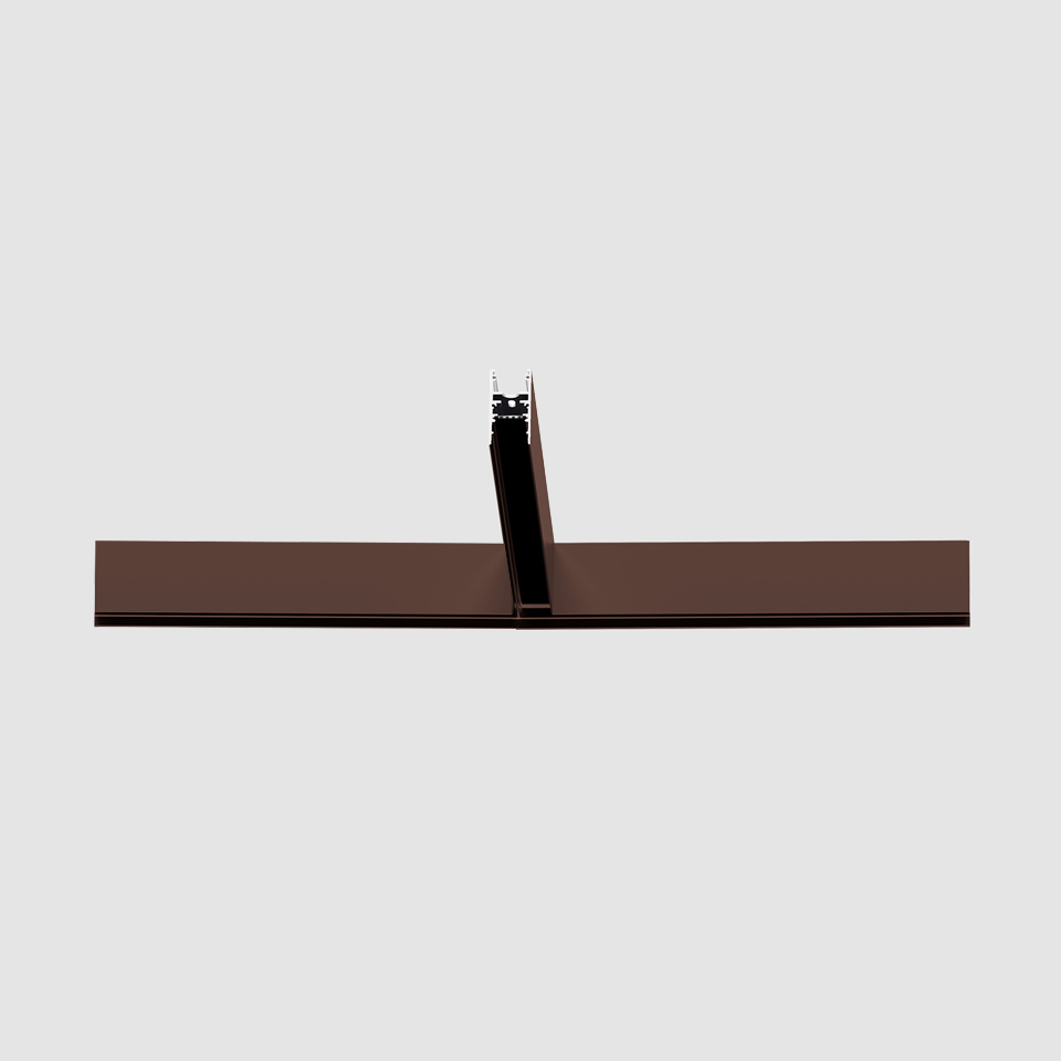 Binario magnetico Artemide A.24 in finitura bronzo, barra orizzontale piatta con connettore verticale centrale per sistema di illuminazione magnetico