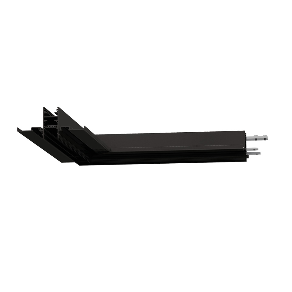 Sistema binario magnetico Artemide A.24, profilo in alluminio nero a incasso a forma di L con pin connettori per installazione luminosa modulare