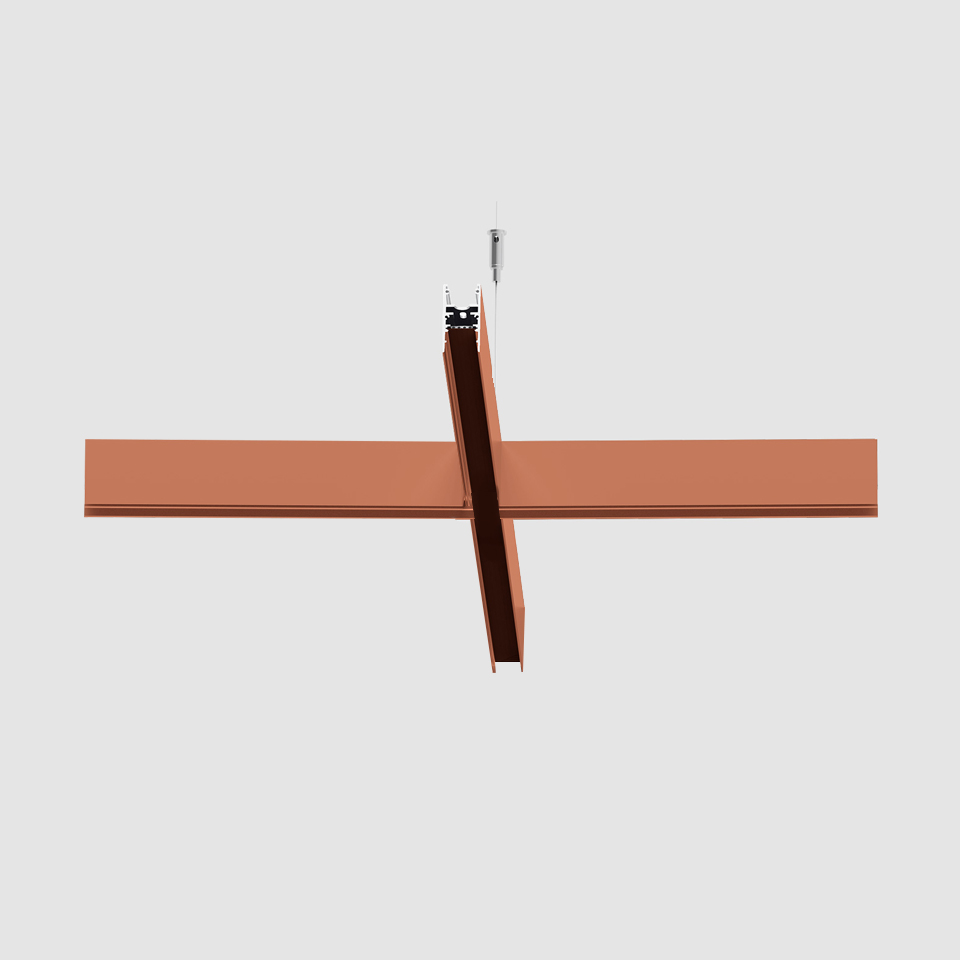 Lampada a sospensione lineare Artemide A.24 Emissione Diffusa in terracotta, vista dall'alto con profilo in alluminio a croce e cavo a soffitto