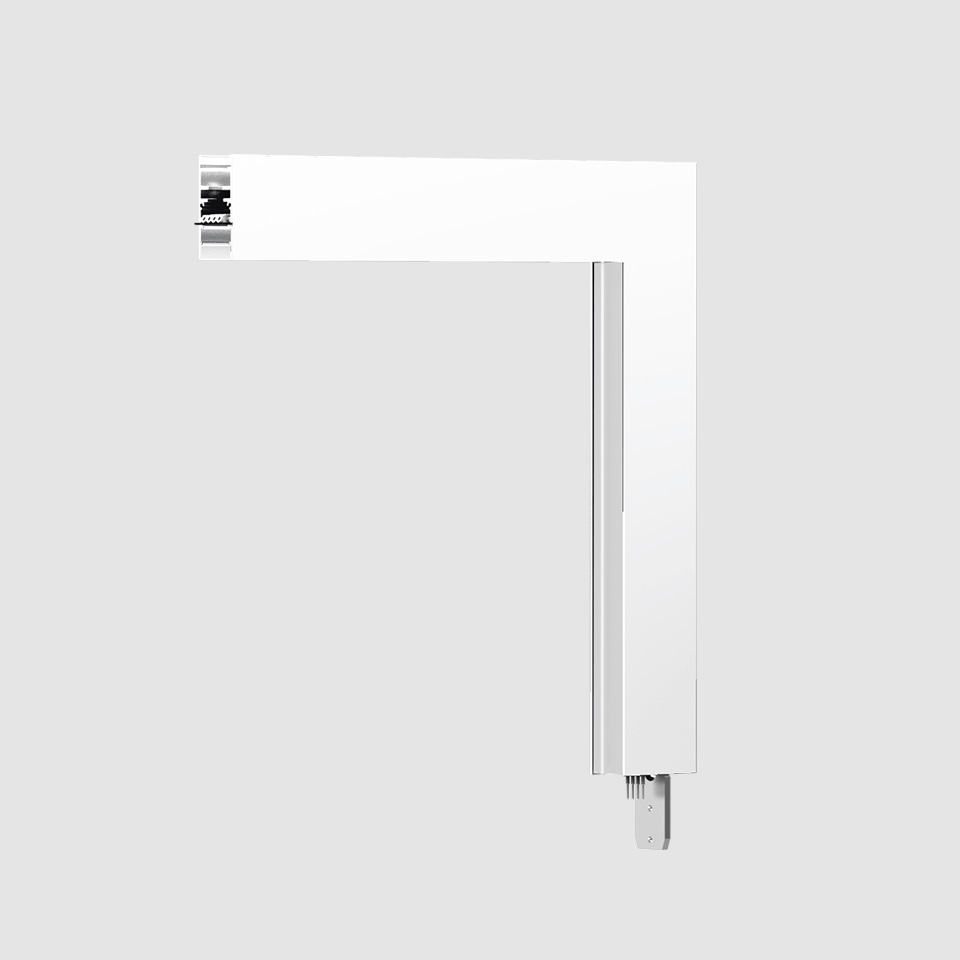 Connettore per binario modulare Artemide A.24 Emissione Diffusa bianco a forma di L con profili in alluminio verticale e orizzontale