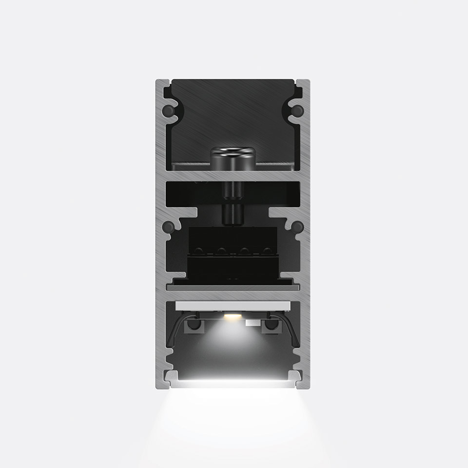 Artemide A.24 Emissione Diffusa: sezione trasversale di profilo lineare LED da incasso in alluminio, con emissione di luce bianca diffusa verso il basso