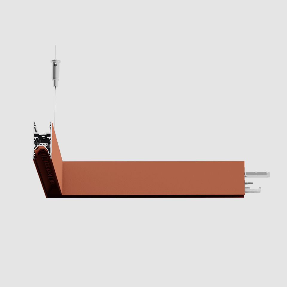 Lampada a sospensione Artemide A.24 Emissione Diffusa color terracotta, profilo lineare orizzontale sospeso da cavo in acciaio