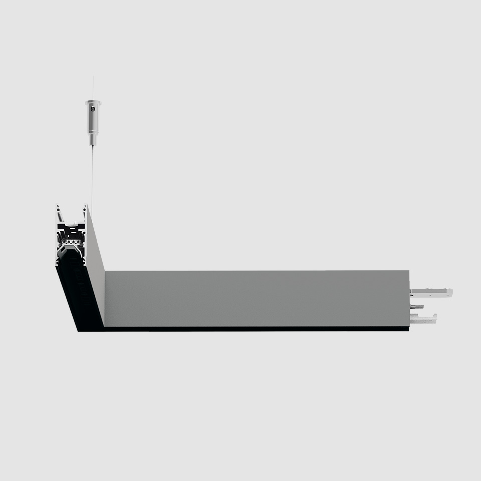 Apparecchio lineare a sospensione Artemide A.24 Emissione Diffusa, profilo in alluminio nero con diffusore grigio, sospeso da cavo in acciaio