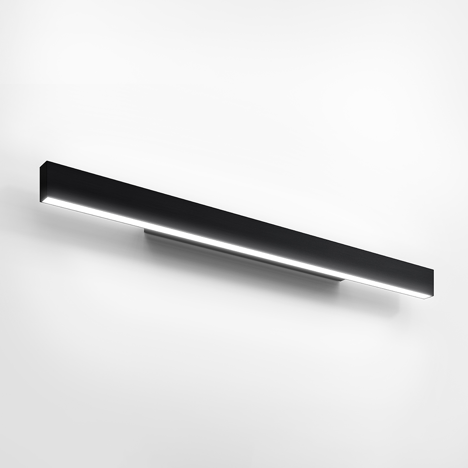 Artemide A.24 Parete wall lamp: slim elongated black aluminum body with linear LED light strip, mounted horizontally on wall