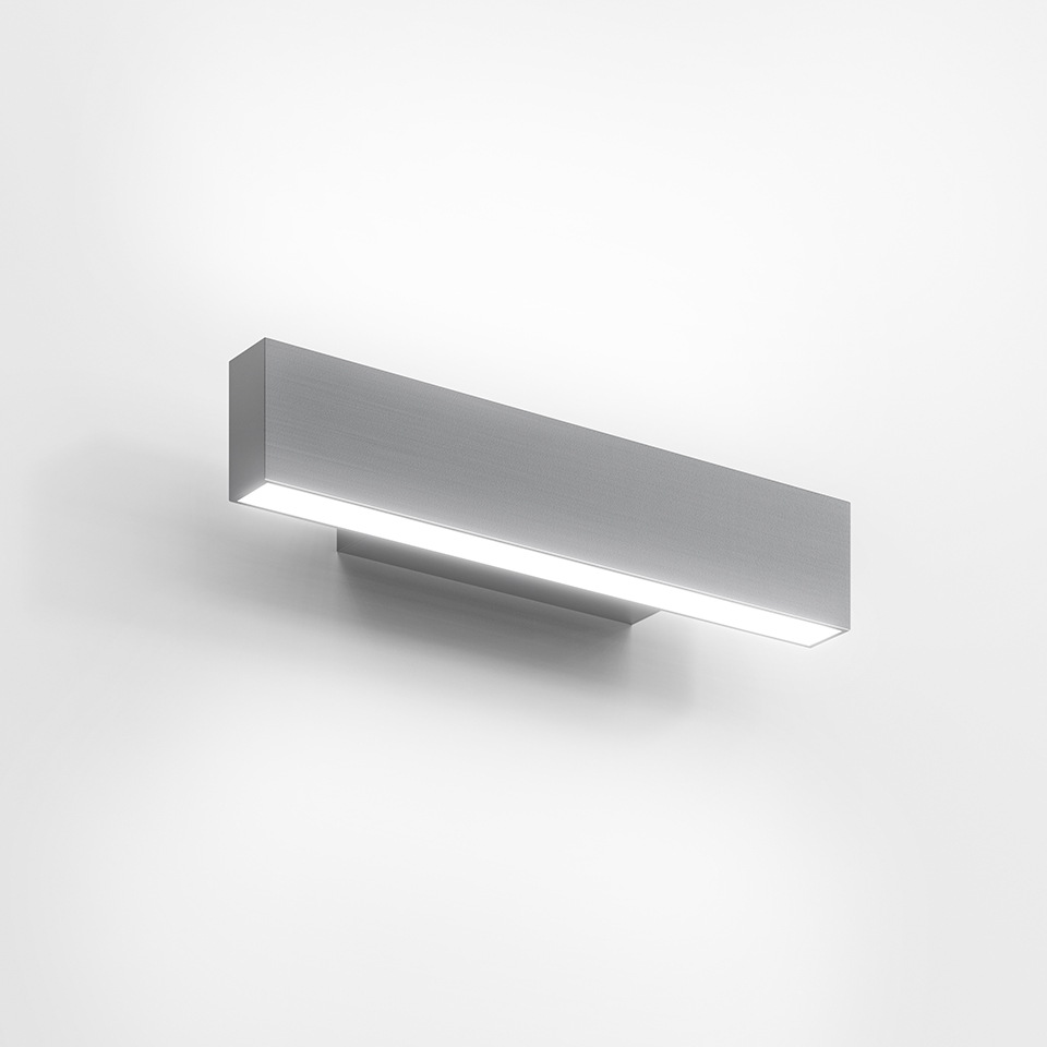 Artemide A.24 Parete wall lamp: slim rectangular brushed aluminum body emitting diffused light from bottom edge