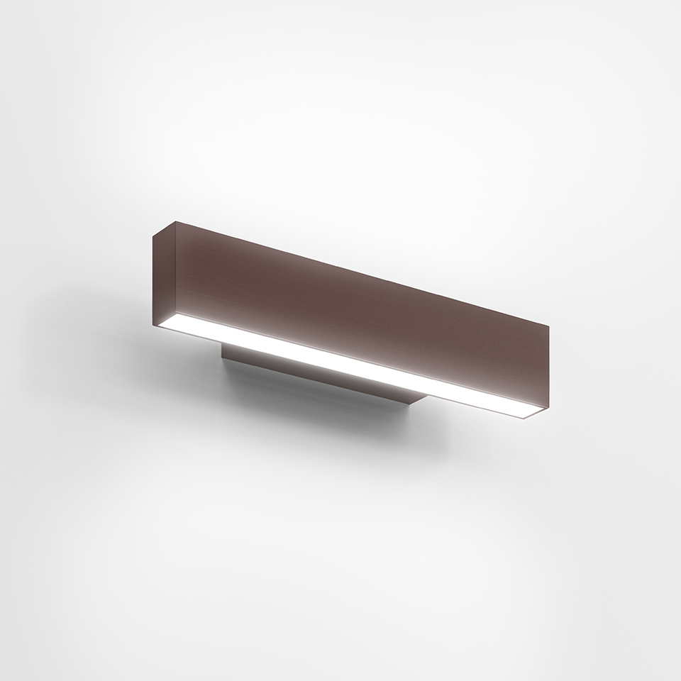 Artemide A.24 Parete wall lamp: horizontal rectangular dark brown body with downward-facing LED light strip on chrome wall bracket