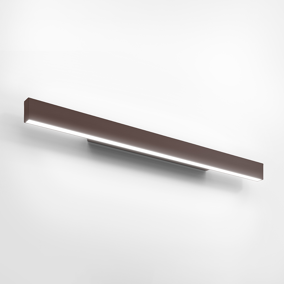 Artemide A.24 Parete wall lamp: slim elongated dark brown LED bar with diffused linear light, mounted horizontally on wall bracket