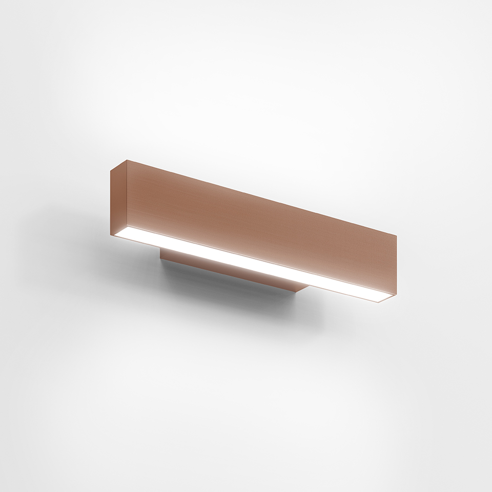 Artemide A.24 Parete wall lamp, horizontal rectangular bronze body with integrated LED strip emitting downward diffused light