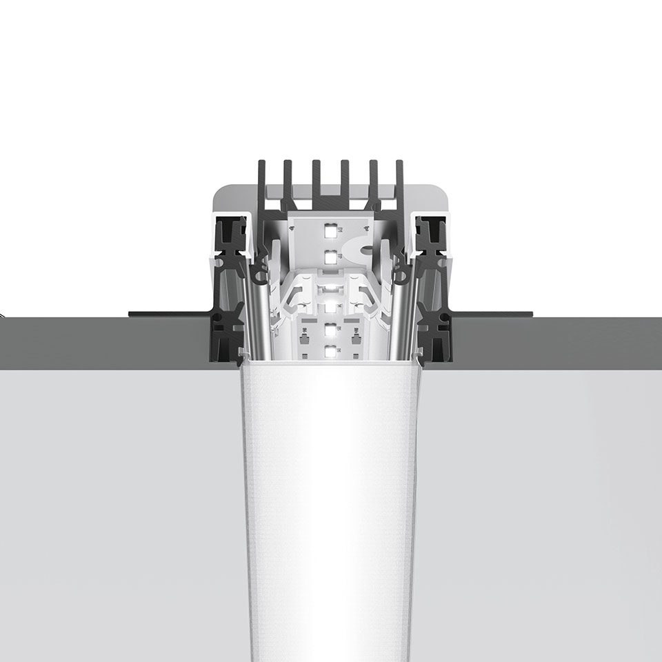 Cross-section of Artemide A.39 Incasso Diffused Emission recessed LED fixture showing heat sink, LED modules, and conical white diffuser