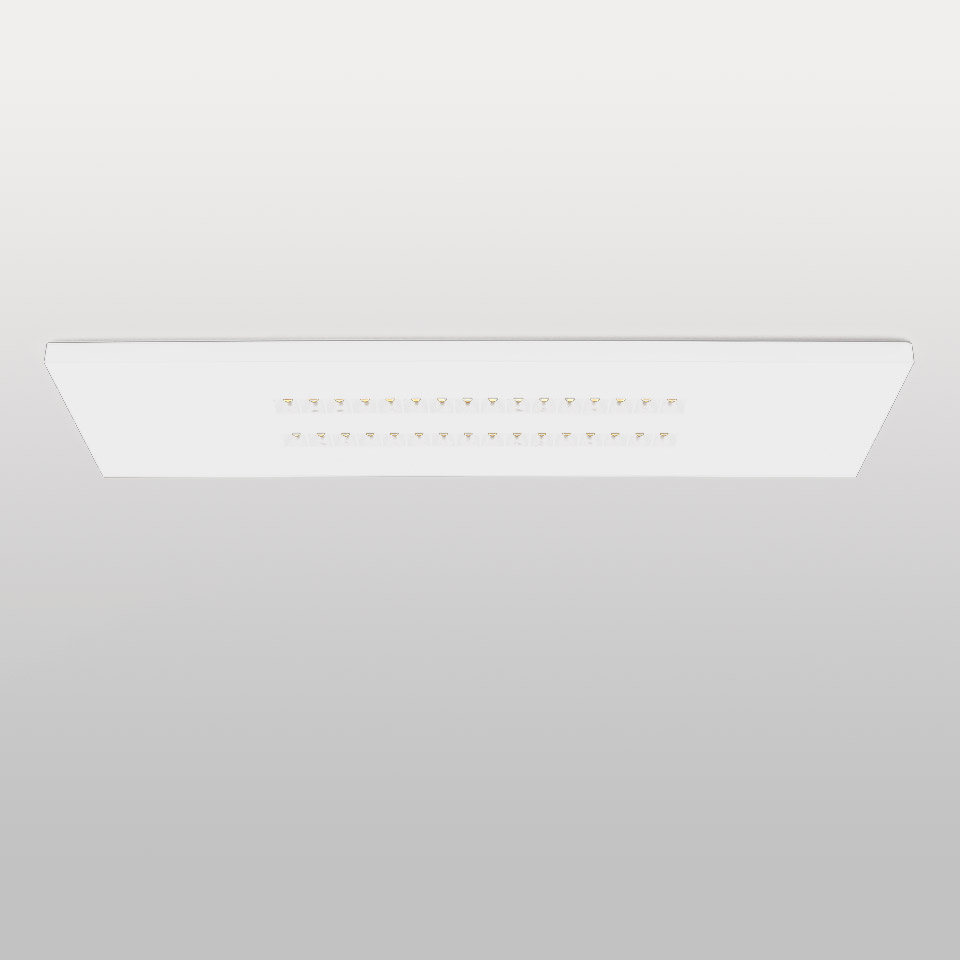 Plafoniera rettangolare Artemide A.39 Refractive, pannello piatto bianco con due file di moduli LED a vista da incasso