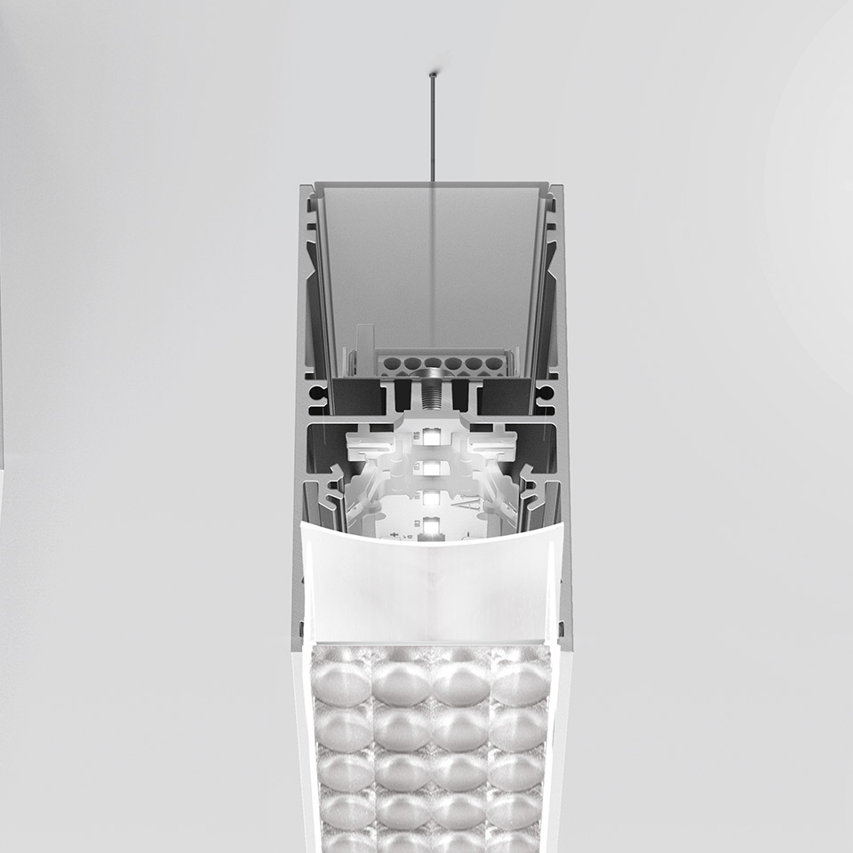 Artemide A.39 pendant light cross-section showing aluminum profile, LED array with lens optics, and white diffuser for controlled light emission