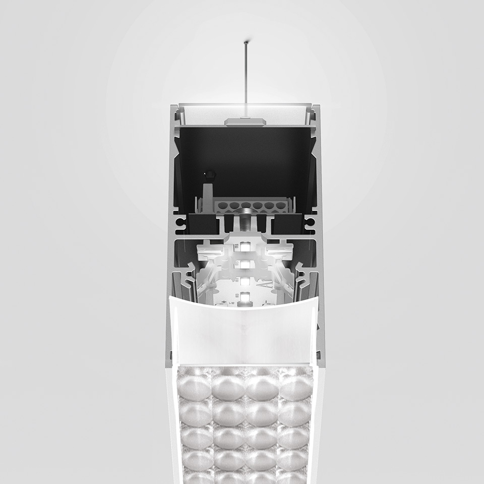 Cross-section of Artemide A.39 pendant/ceiling lamp showing LED array, optical system with bubble lens diffuser, and aluminum housing