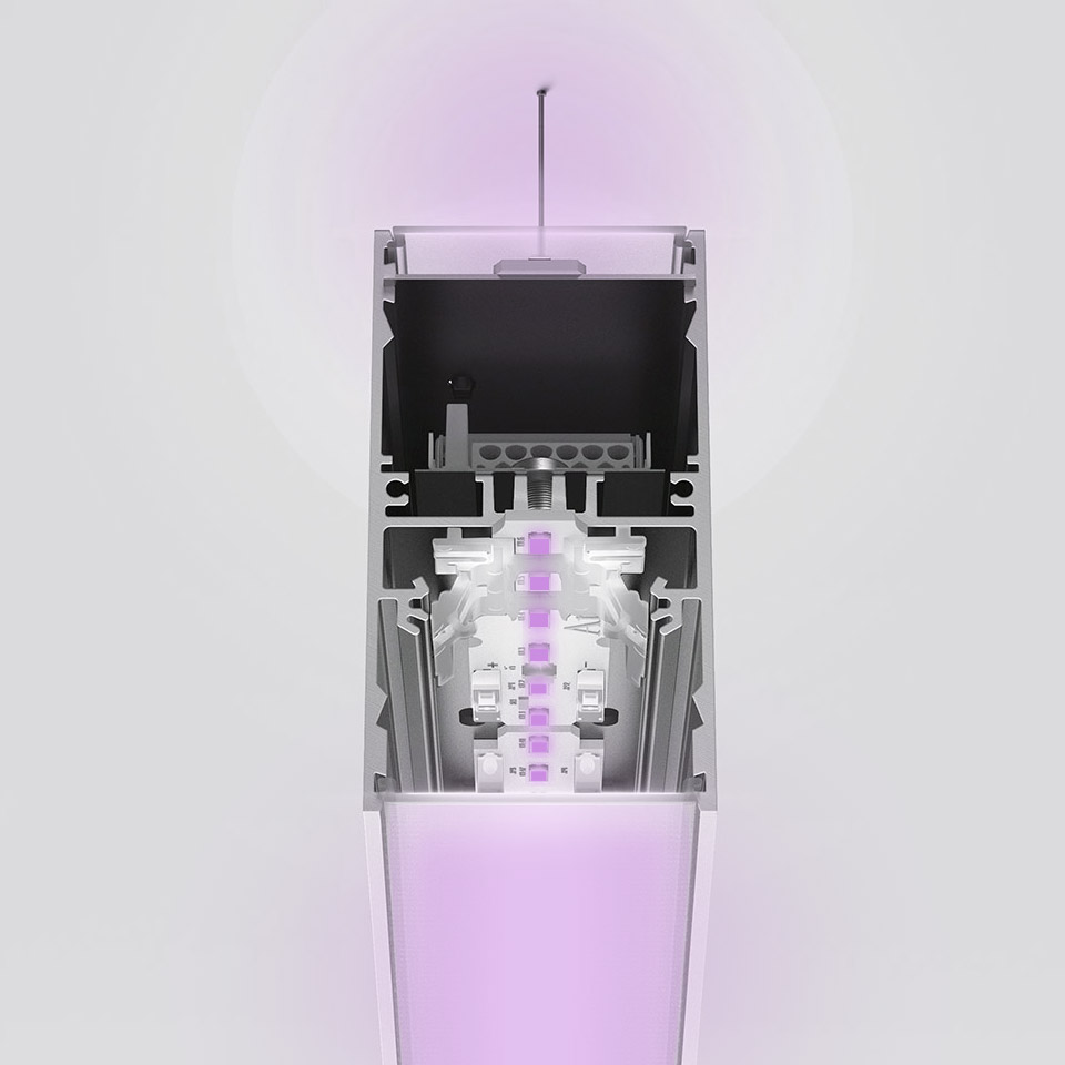 Cross-section of Artemide A.39 pendant lamp revealing internal RGB LED strip, aluminum profile, and diffused purple light emission