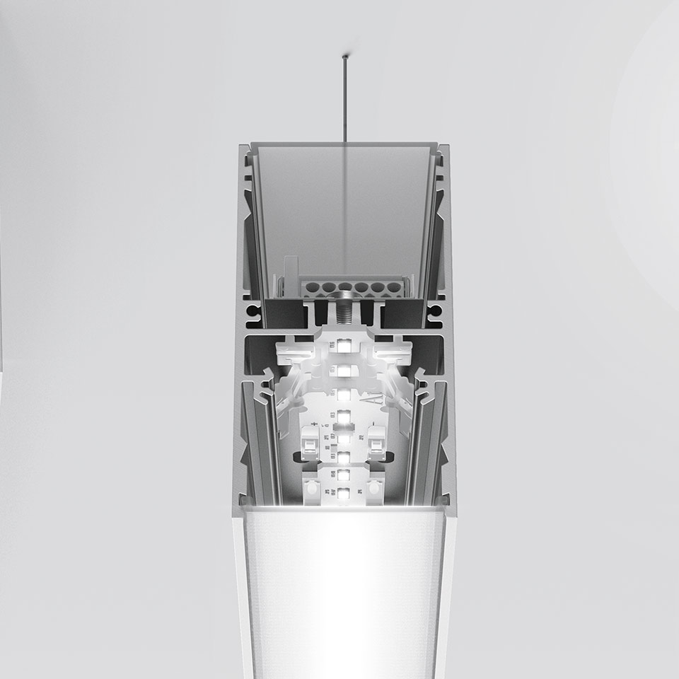 Artemide A.39 pendant lamp cross-section showing internal LED array, aluminum profile housing, and frosted diffuser for uniform light emission