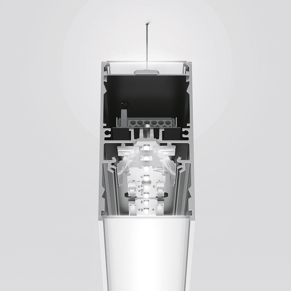 Artemide A.39 pendant light cross-section revealing internal LED module, aluminum housing, wiring terminals, and diffused light emission design