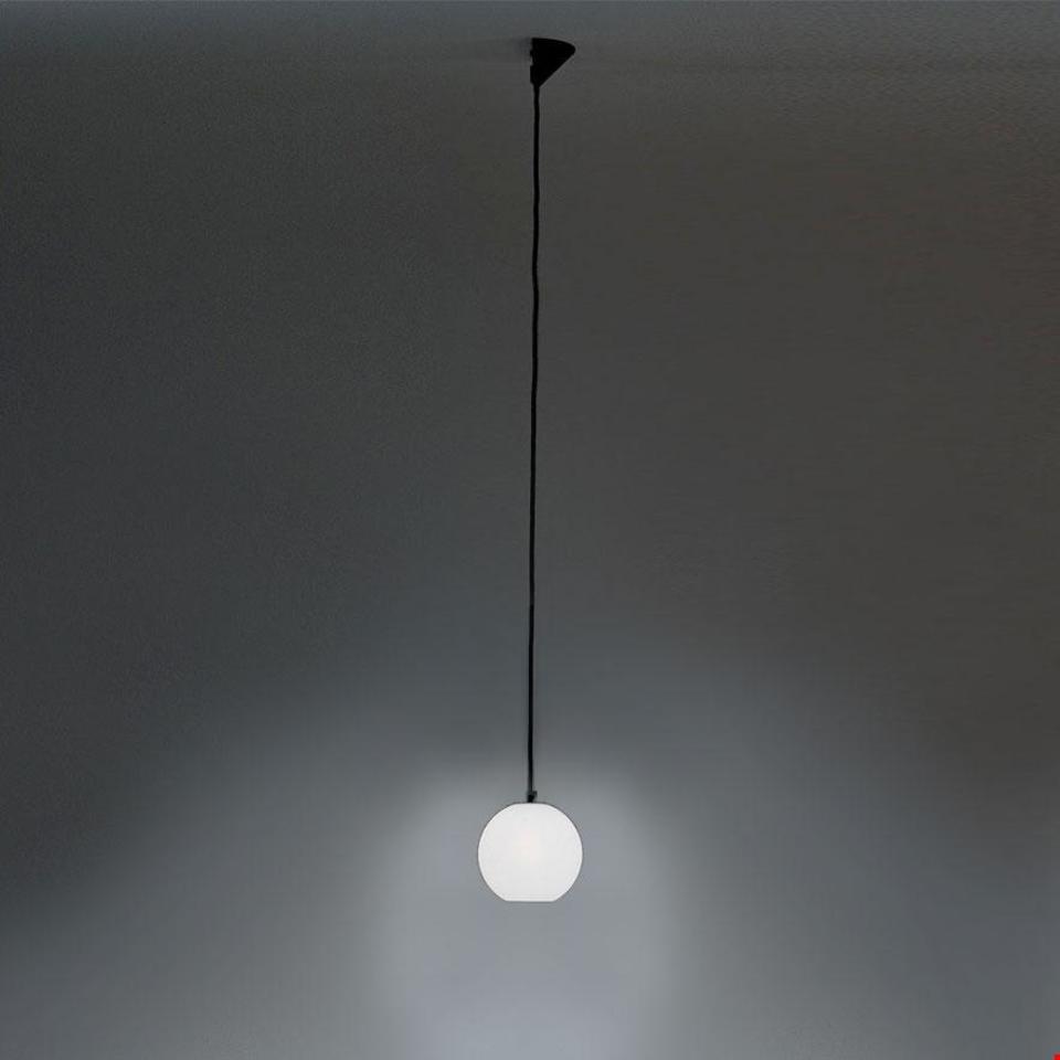 Artemide Aggregato pendant lamp: opal white spherical glass diffuser suspended from ceiling by a thin black cord