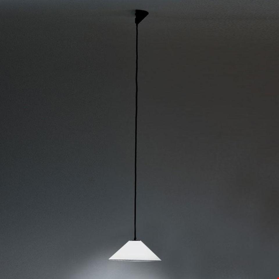 Artemide Aggregato pendant lamp with white conical opal glass shade suspended from ceiling by a black cord