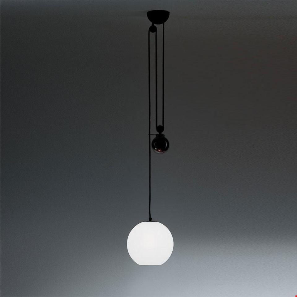 Artemide Aggregato pendant lamp: opal white spherical glass diffuser suspended on black cord with counterweight pulley system