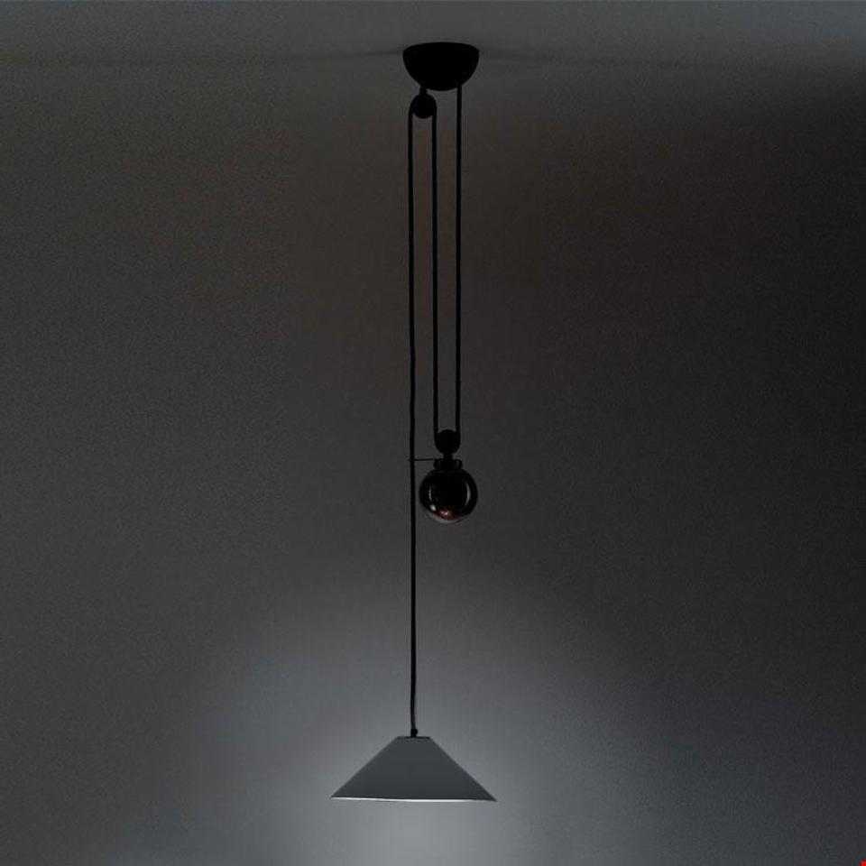 Aggregato pendant lamp with conical white shade and spherical counterweight on black cord, adjustable height pulley system - 2
